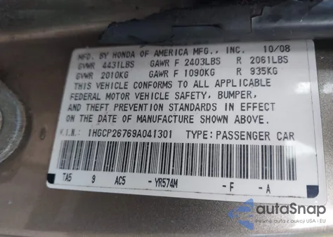 2009 Honda Accord 2.4 Ex z USA, uszkodzony, nr VIN 1HGCP26769A041301